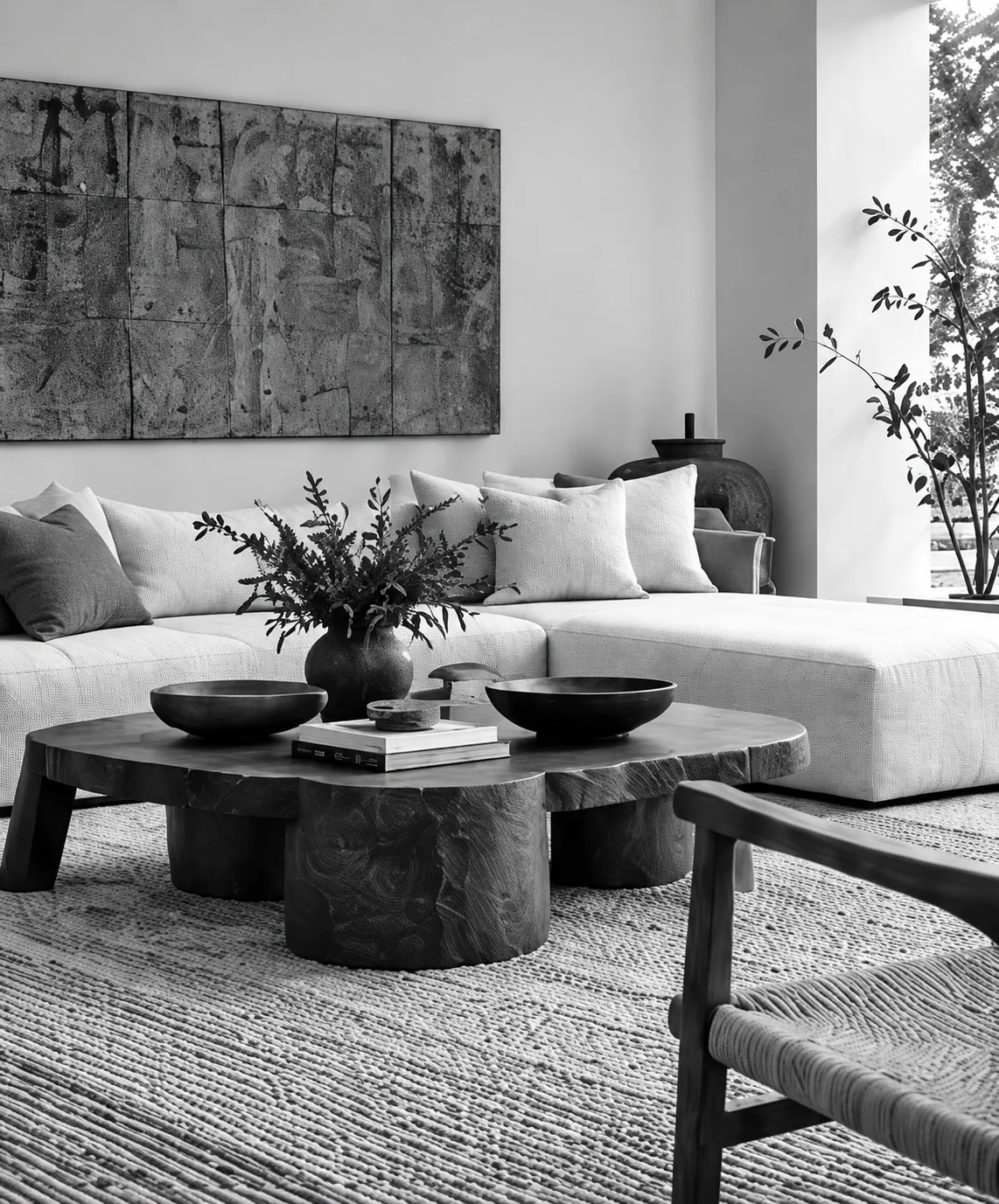 Living room with a pale sofa, a sculptural wooden coffee table and a large textured artwork